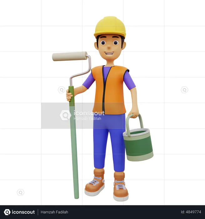 Male construction worker holding painting roller and bucket  3D Illustration
