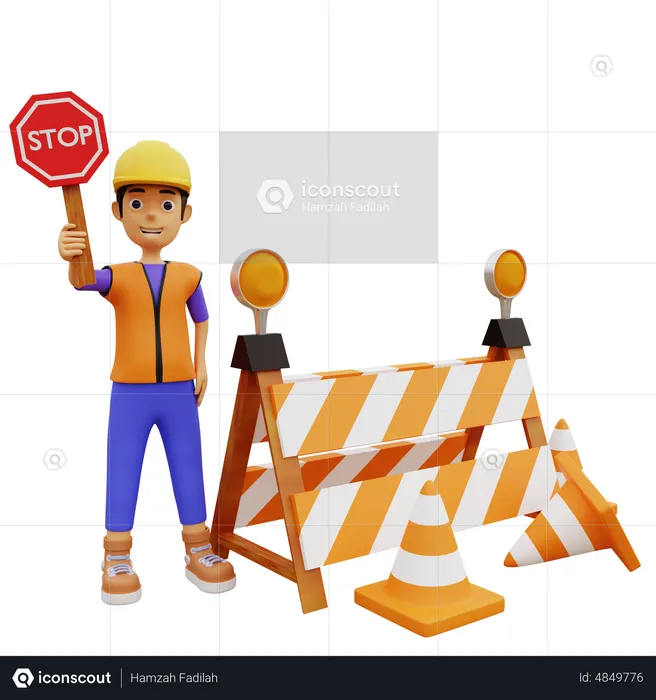 Male construction worker holding stop sign  3D Illustration