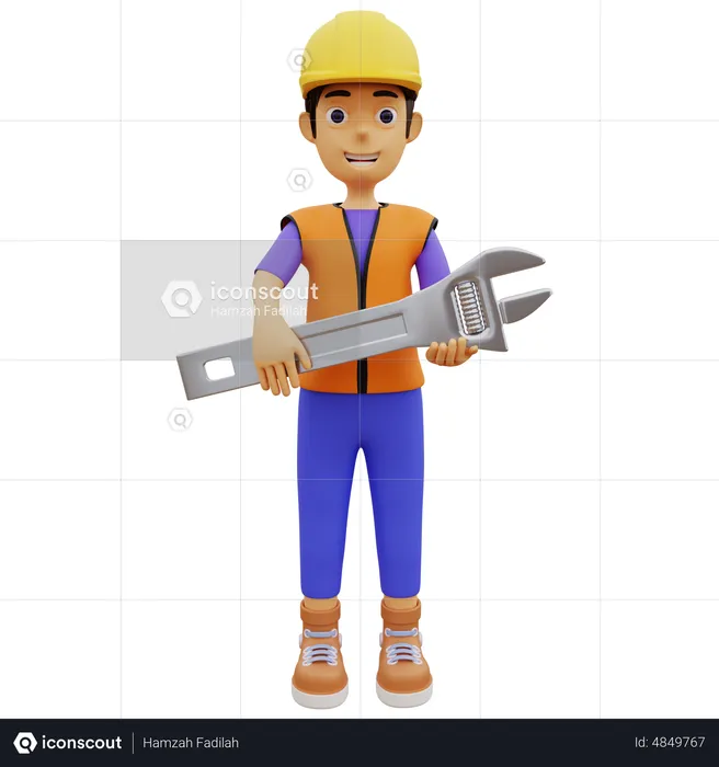 Male construction worker holding wrench  3D Illustration