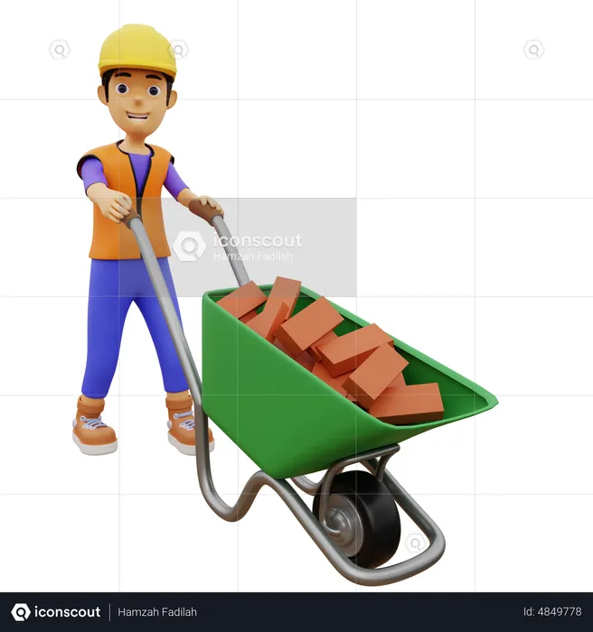 Male construction worker pushing brick trolley  3D Illustration