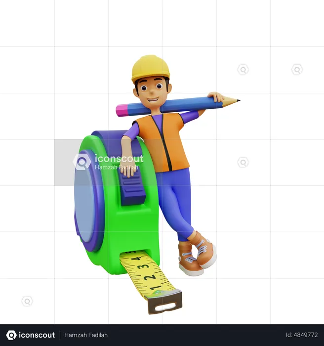 Male construction worker with measure tape  3D Illustration