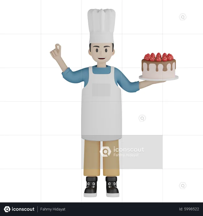 Male cook showing nice gesture while holding cake  3D Illustration