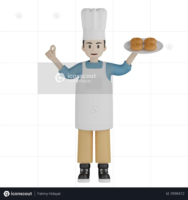 Male cook showing nice gesture while holding donut plate  3D Illustration
