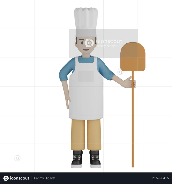 Male cook standing and holding shovel  3D Illustration
