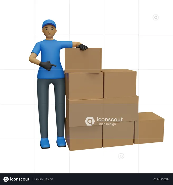 Male delivery person pointing finger at boxes  3D Illustration