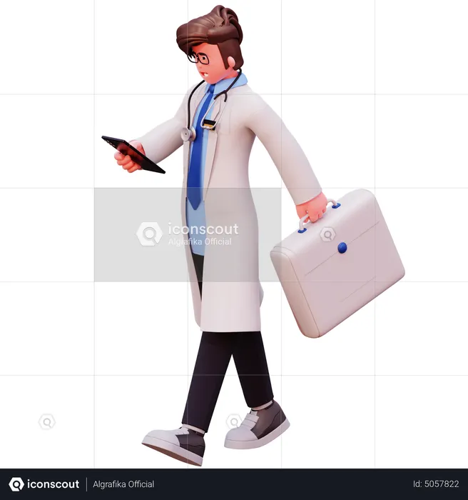 Male Doctor holding briefcase with using phone  3D Illustration