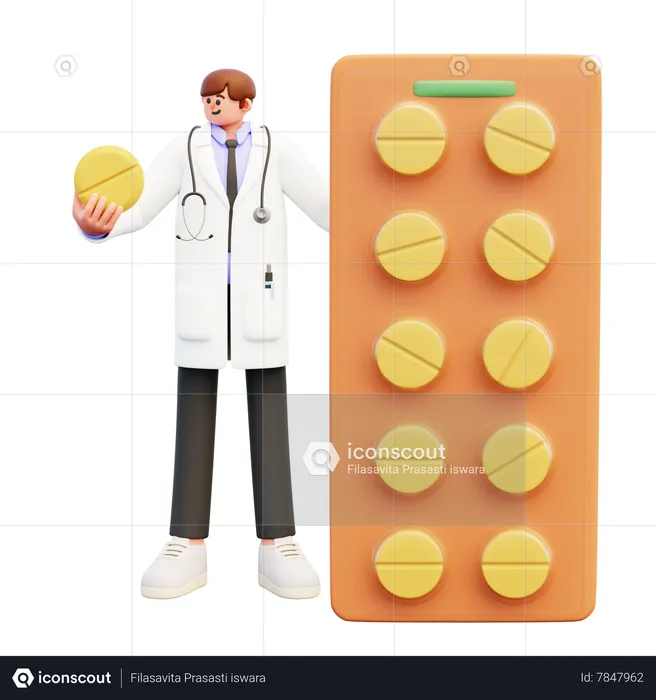 Male Doctor Standing Near Big Pack Of Pills  3D Illustration