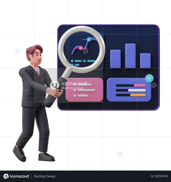 Male employee doing research on business growth  3D Illustration