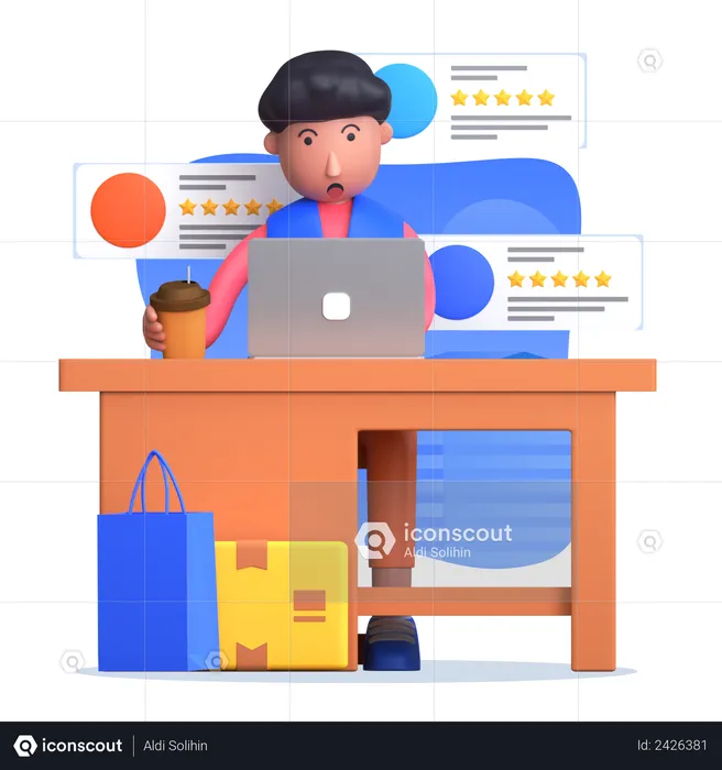 Male employee looking at customer review  3D Illustration