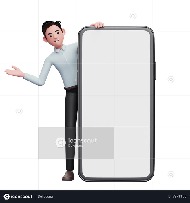 Male employee with phone in hand standing behind big mobile screen  3D Illustration