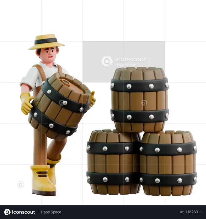 Male farmer carrying wooden barrel  3D Illustration