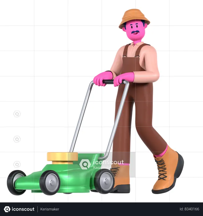 Male farmer cutting lawn using Lawn Mower  3D Illustration