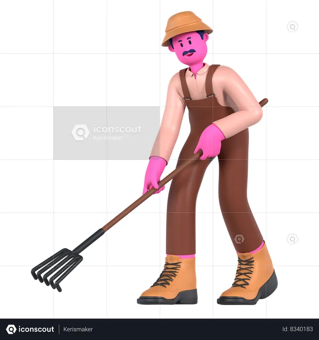 Male farmer digging with Rake  3D Illustration