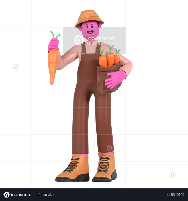 Male farmer holding carrot bag  3D Illustration