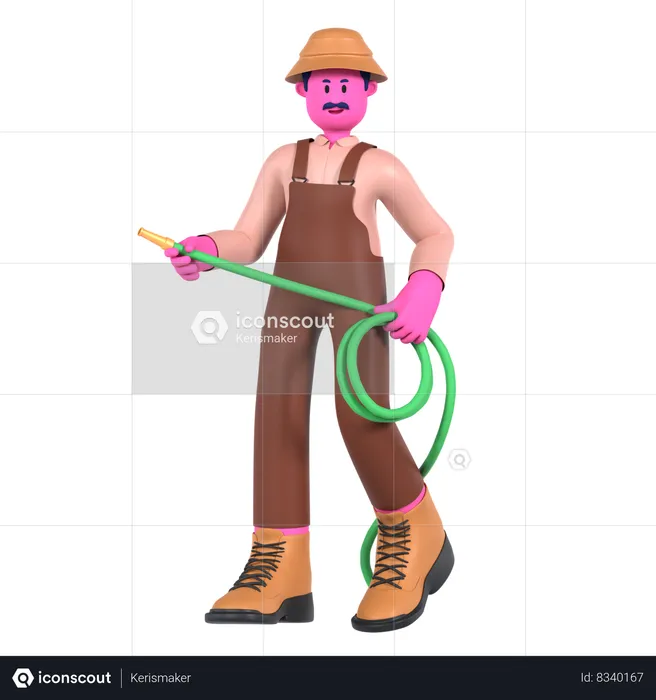 Male farmer holding Water Hose  3D Illustration