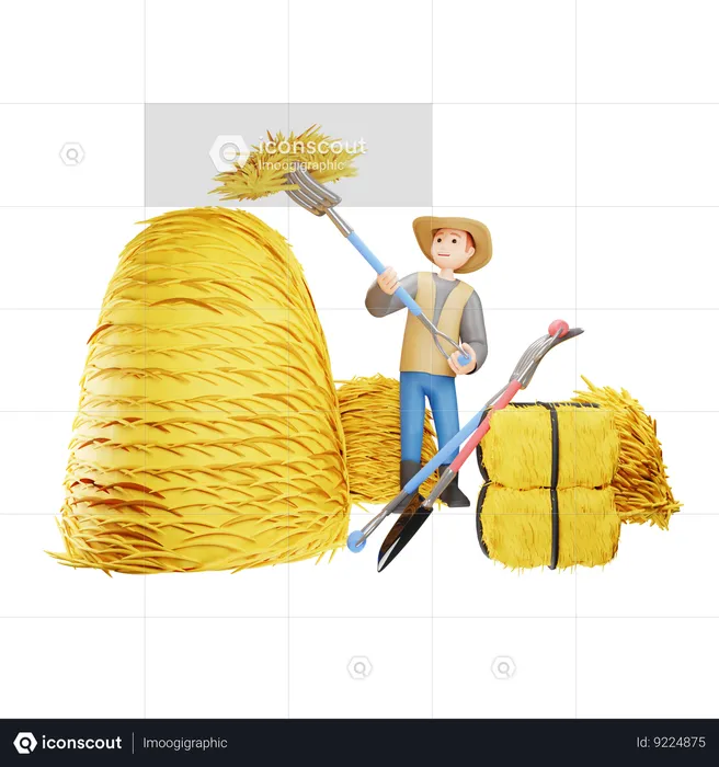 Male Farmer Stacking Haystack  3D Illustration