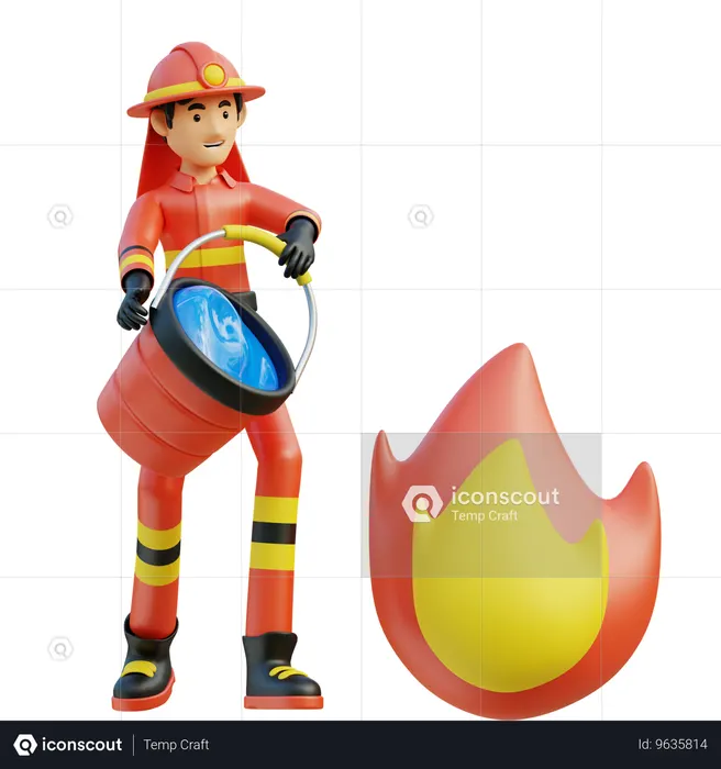 Male firefighter carrying water bucket  3D Icon