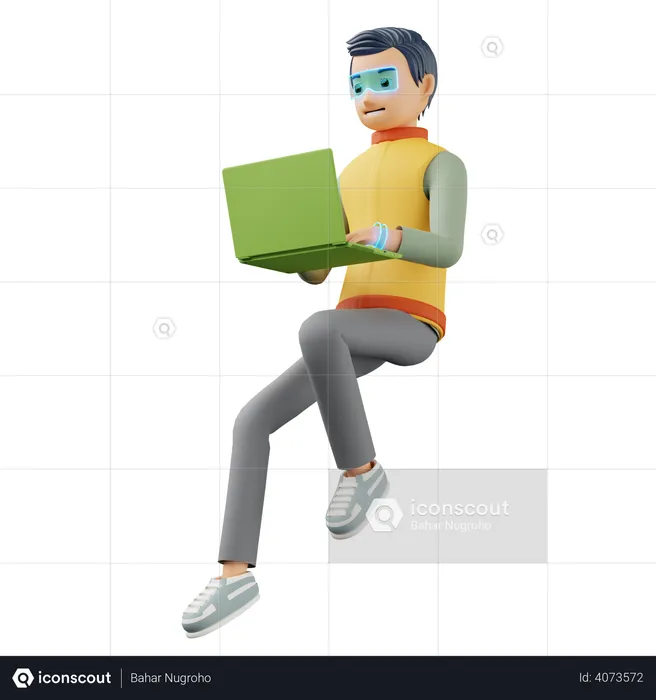 Male flying and typing on the laptop  3D Illustration