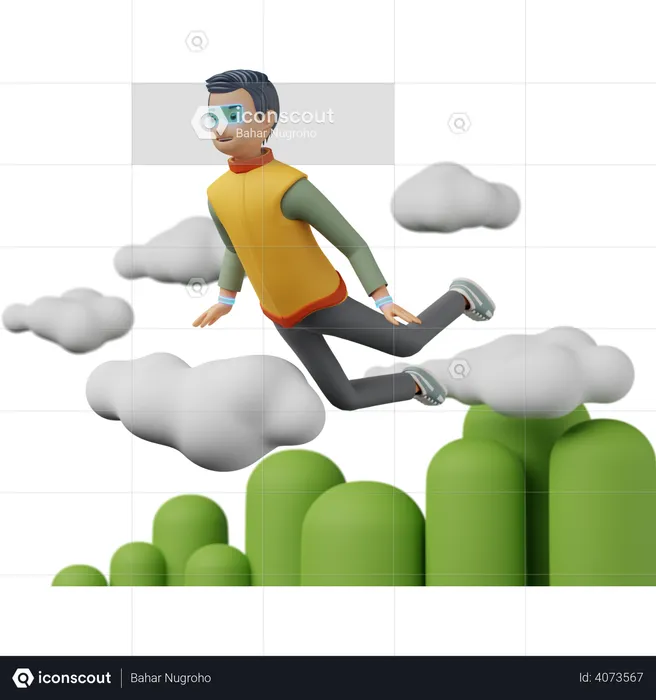 Male flying on the clouds in virtual world  3D Illustration