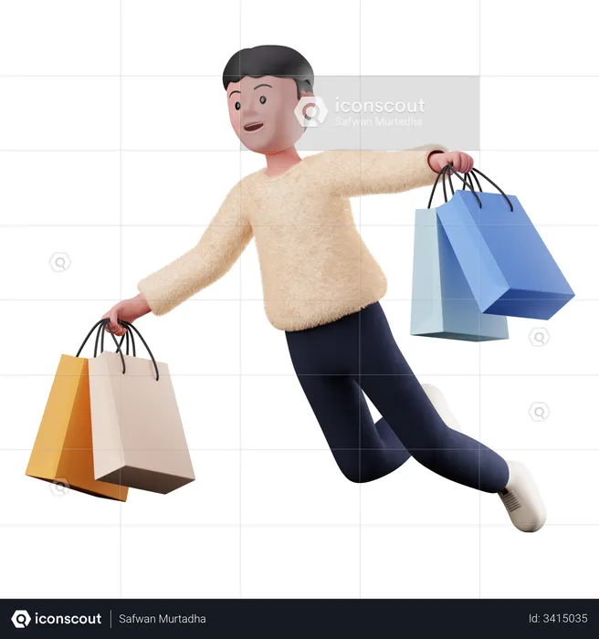 Male Flying With Shopping Bags  3D Illustration