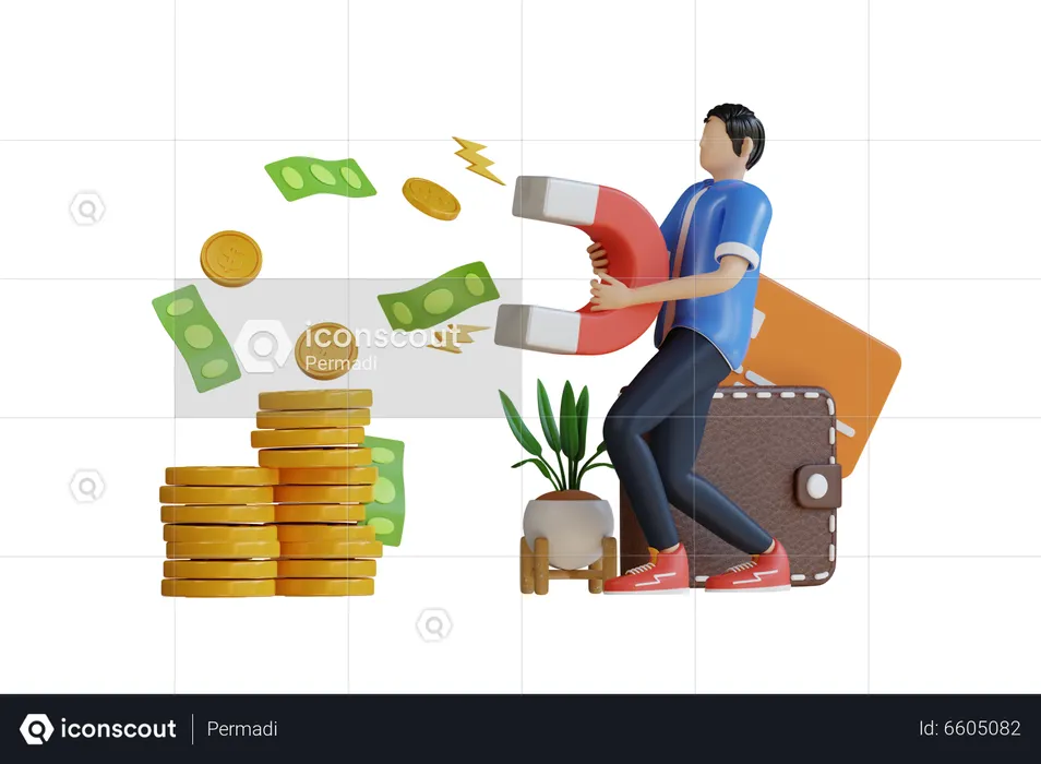 Male investor Attracts Money Magnetically  3D Illustration