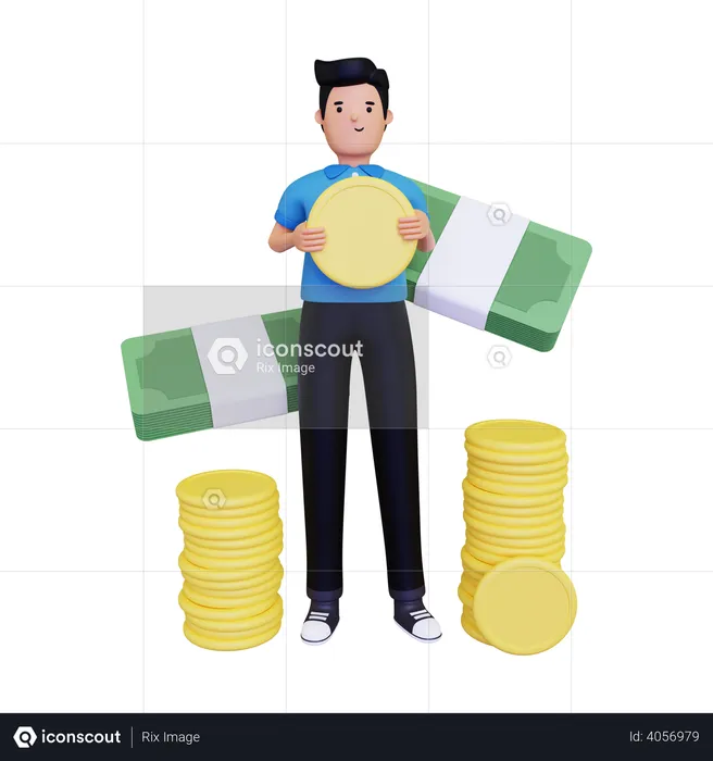 Male Investor holding profit money  3D Illustration