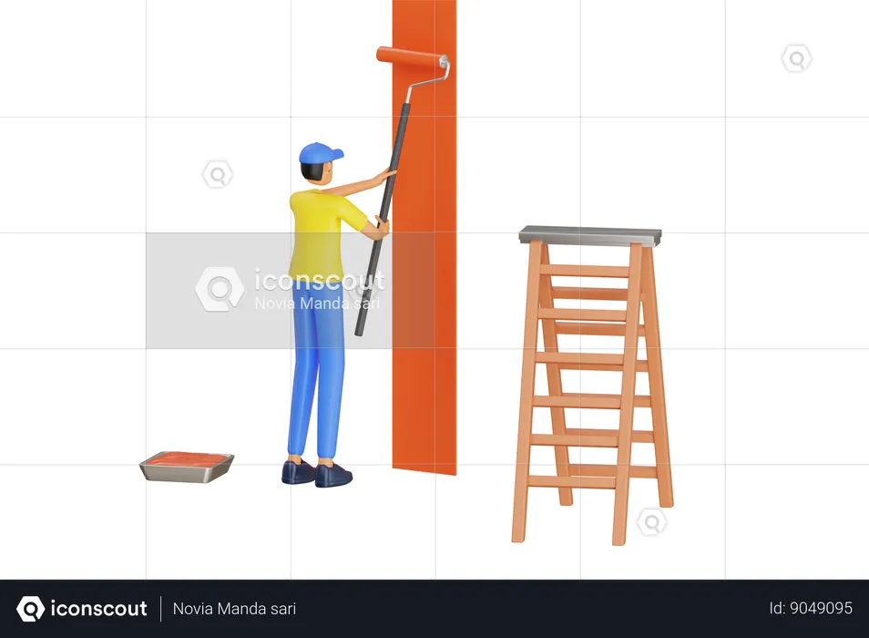 Male Painter Painting Wall  3D Illustration