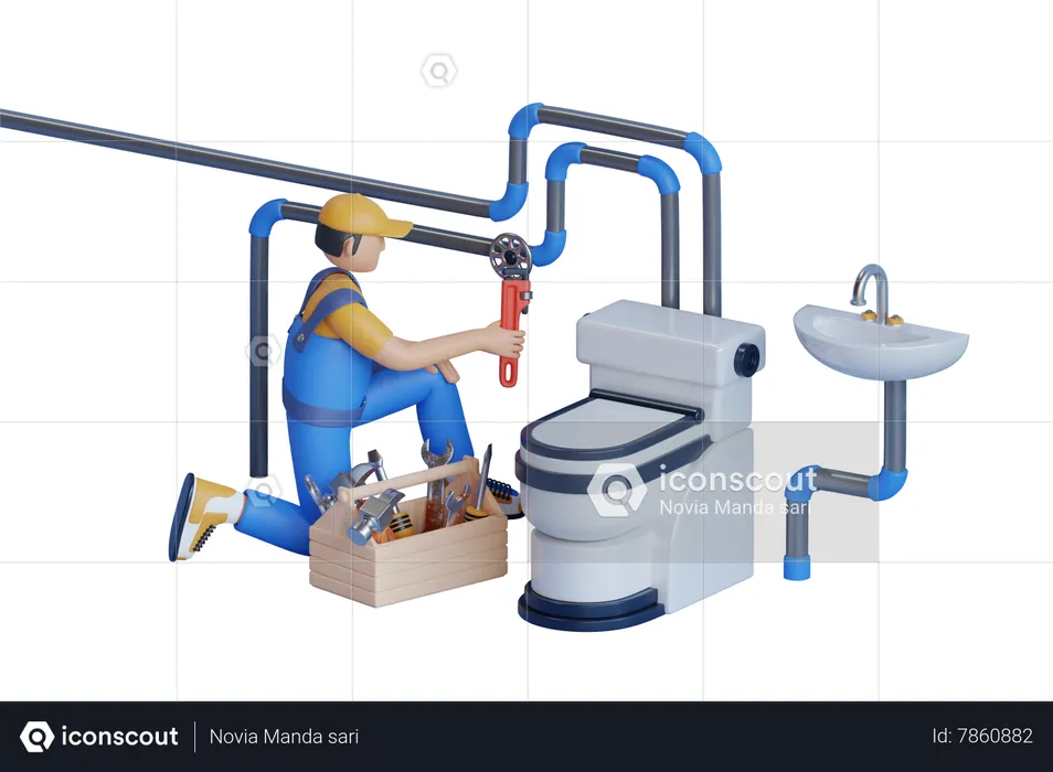 Male Plumber Inspects Pipes For Central Water Supply Of Toilet  3D Illustration