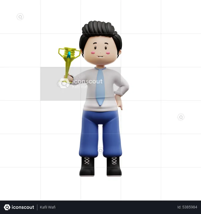 Male Student Holding Trophy  3D Illustration
