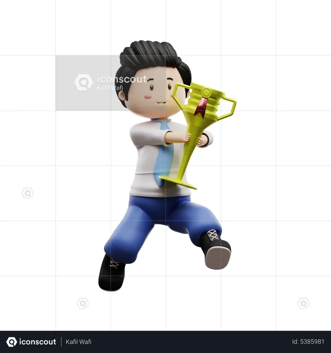 Male Student Holding Trophy  3D Illustration