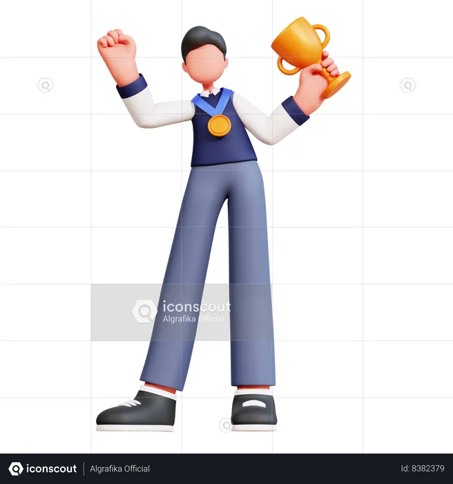 Male Student Holding Trophy Cup  3D Illustration