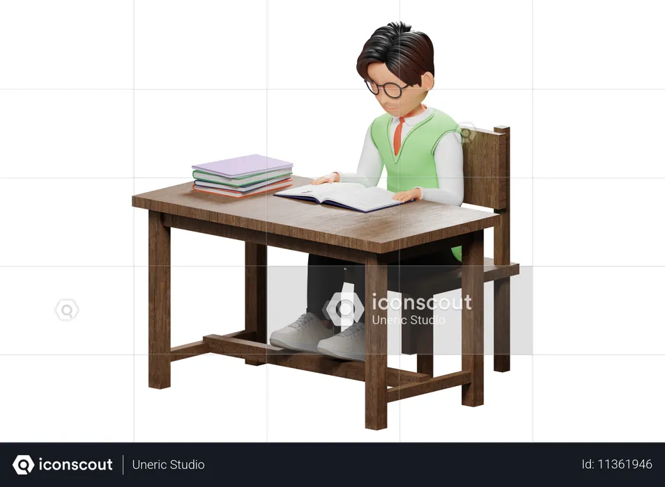 図書館で勉強している男子学生  3D Illustration