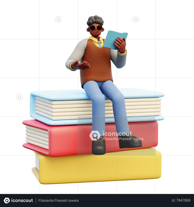 Male Teacher Sitting On Books  3D Illustration