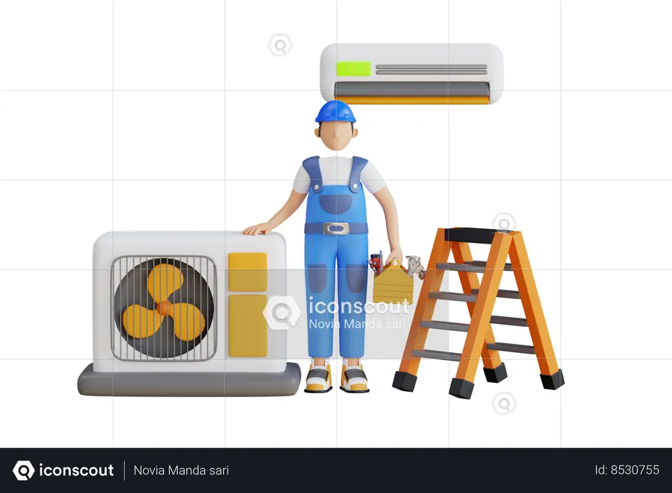 Male Technician Repairing Air Conditioner  3D Illustration