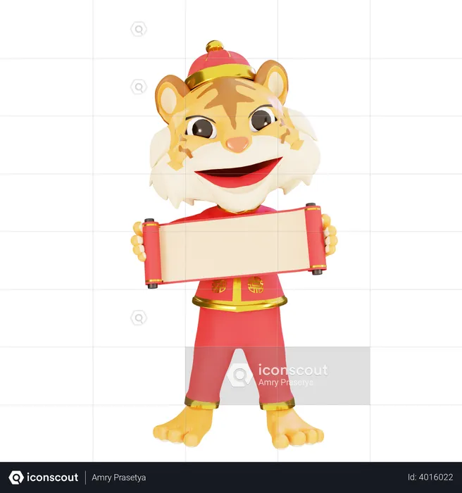 Male tiger with paper scroll  3D Illustration