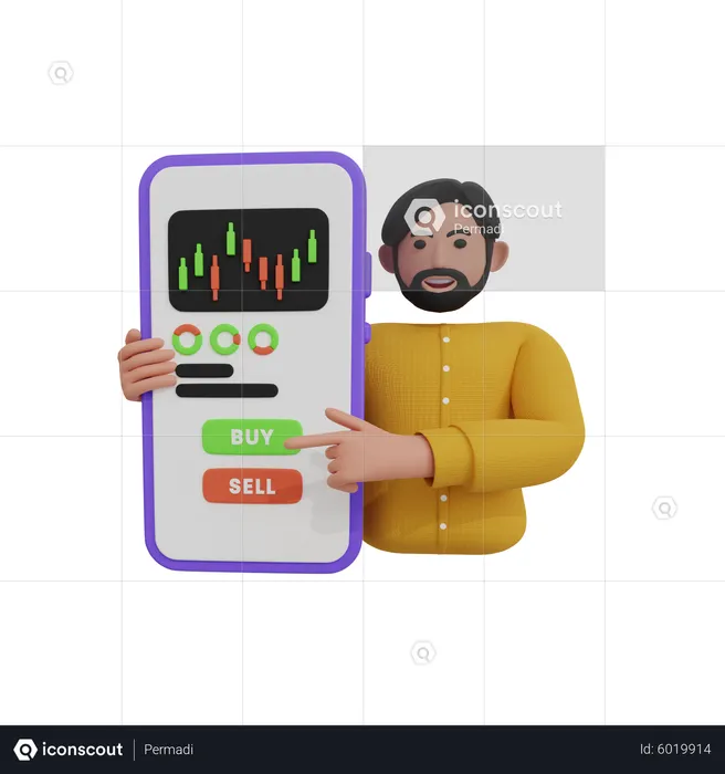 Male trader pointing buy button at stock market chart  3D Icon