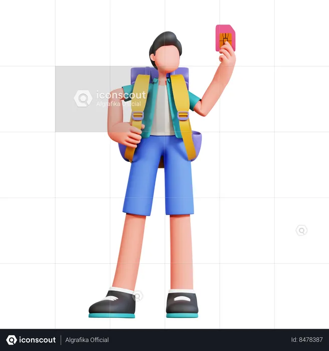 Male Traveler Holding Sim Card  3D Illustration
