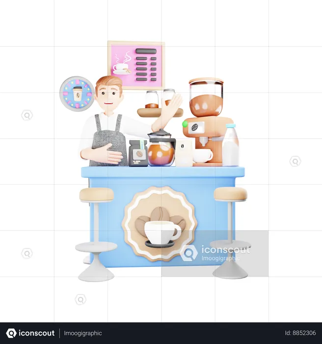 Male waiter is at counter  3D Illustration