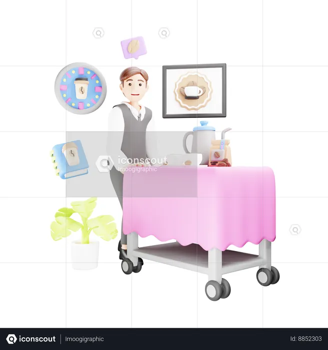 Male waiter is carrying coffee trolley  3D Illustration