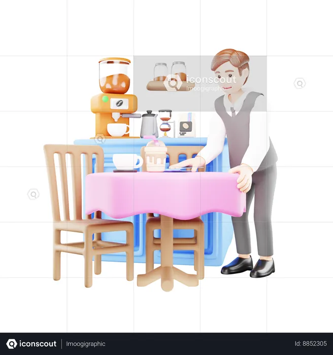 Male waiter is working in cafe  3D Illustration