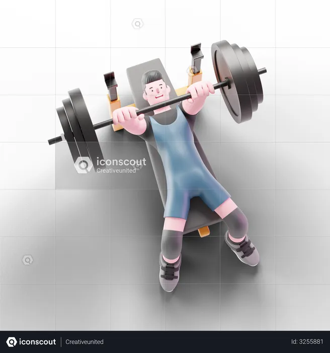 Male weightlifter lying on bench and lifting weight  3D Illustration