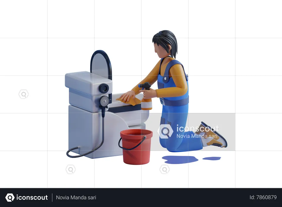 Male Worker Cleaning Toilet  3D Illustration