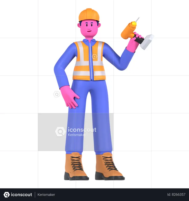 Male Worker Holding Drill Machine  3D Illustration