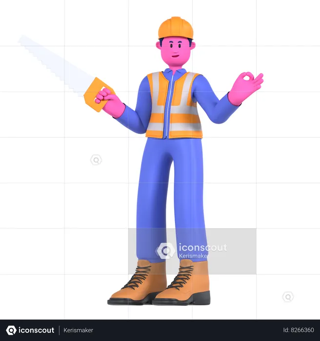 Male Worker Holding Saw  3D Illustration