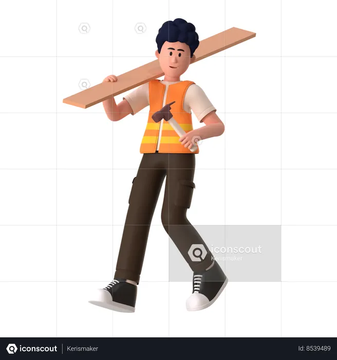 Male Worker Holding Wood  3D Illustration