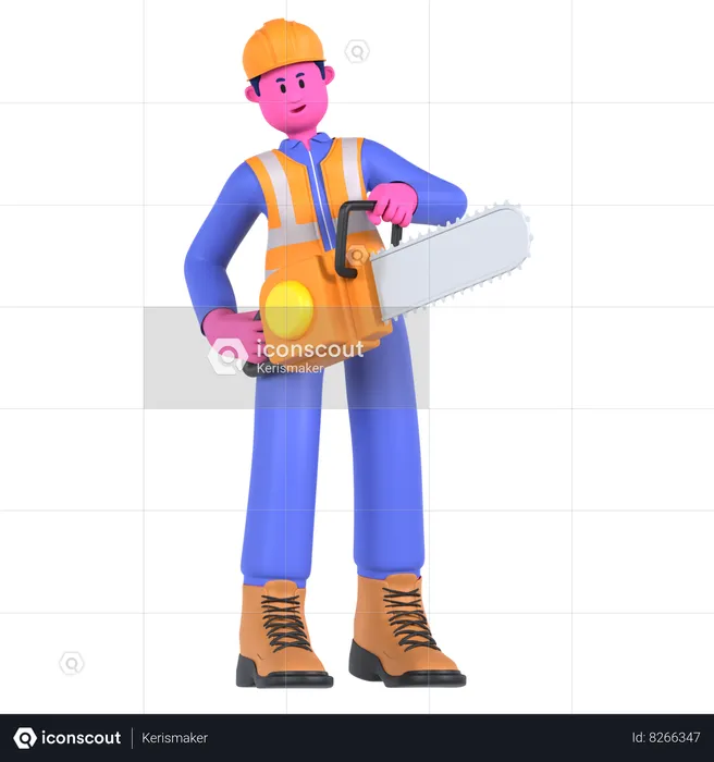 Male Worker Using Chainsaw  3D Illustration