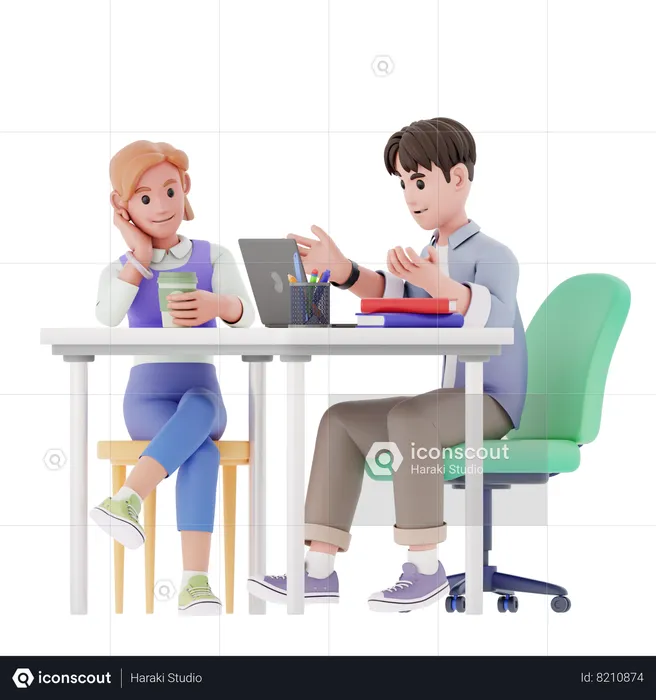 Man and girl discuss about work at office  3D Illustration