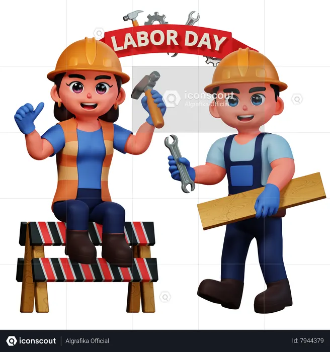 Man and girl holding repair tool  3D Icon