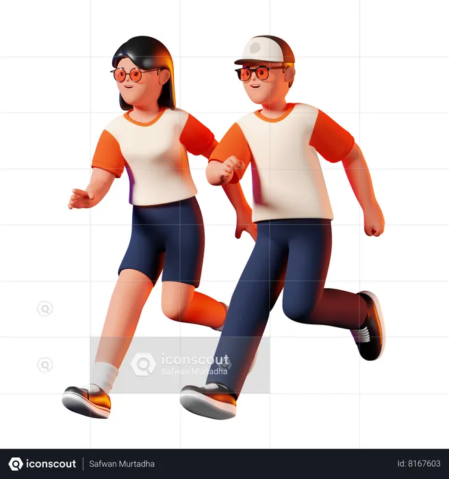 Man and Woman Running Together  3D Illustration