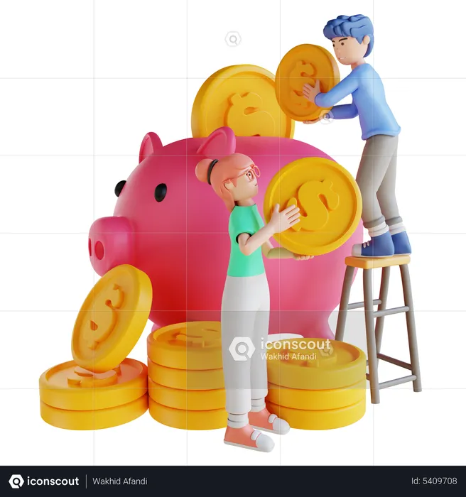 Man and woman saving money  3D Illustration